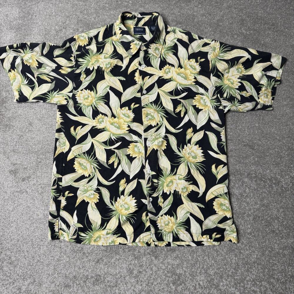 Izod Golf Mens L Hawaiian Shirt Floral Button Up Short Sleeve Washable Silk